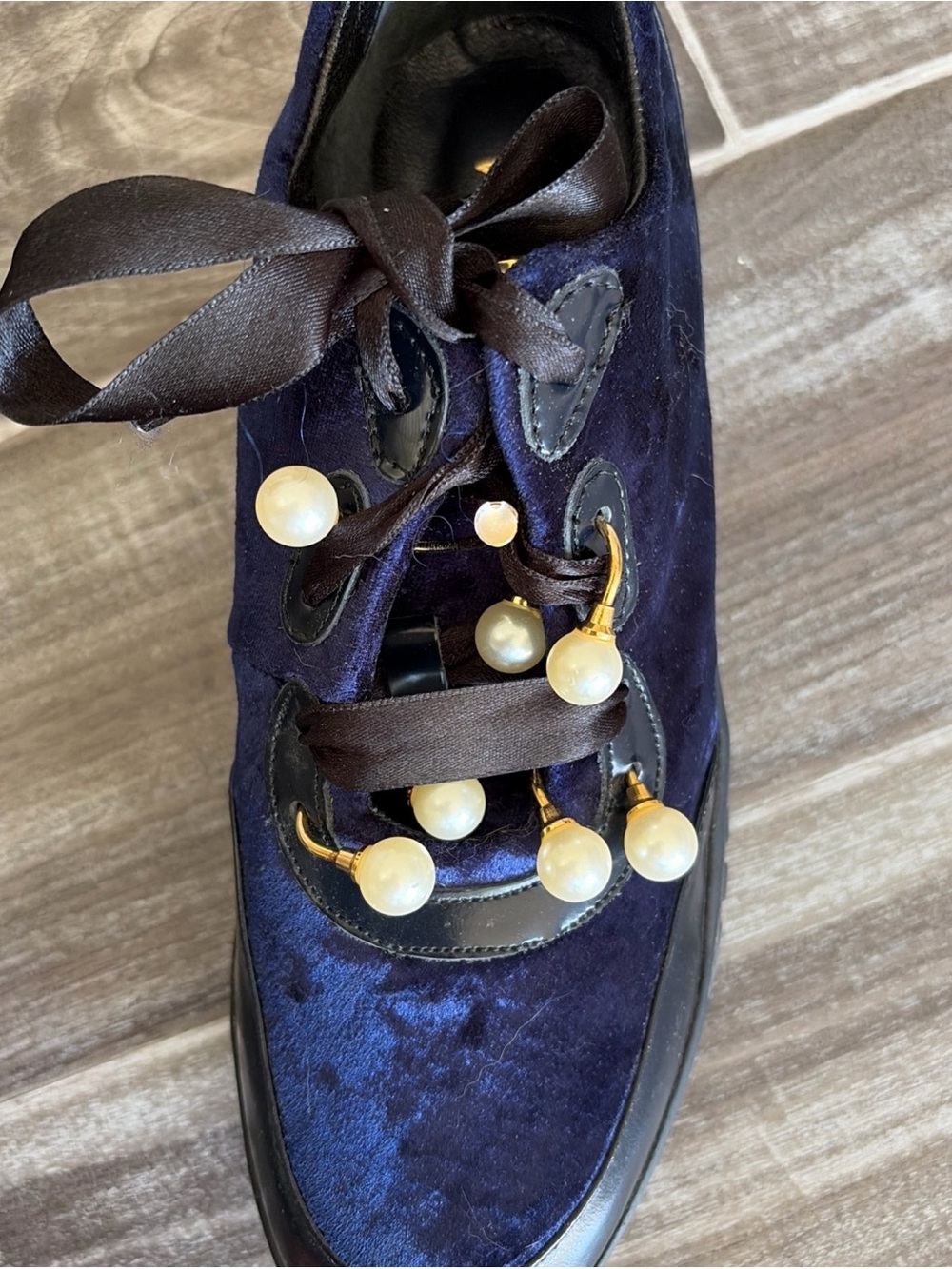 Pearl-Embellished Navy Velvet Lace-Up Flat